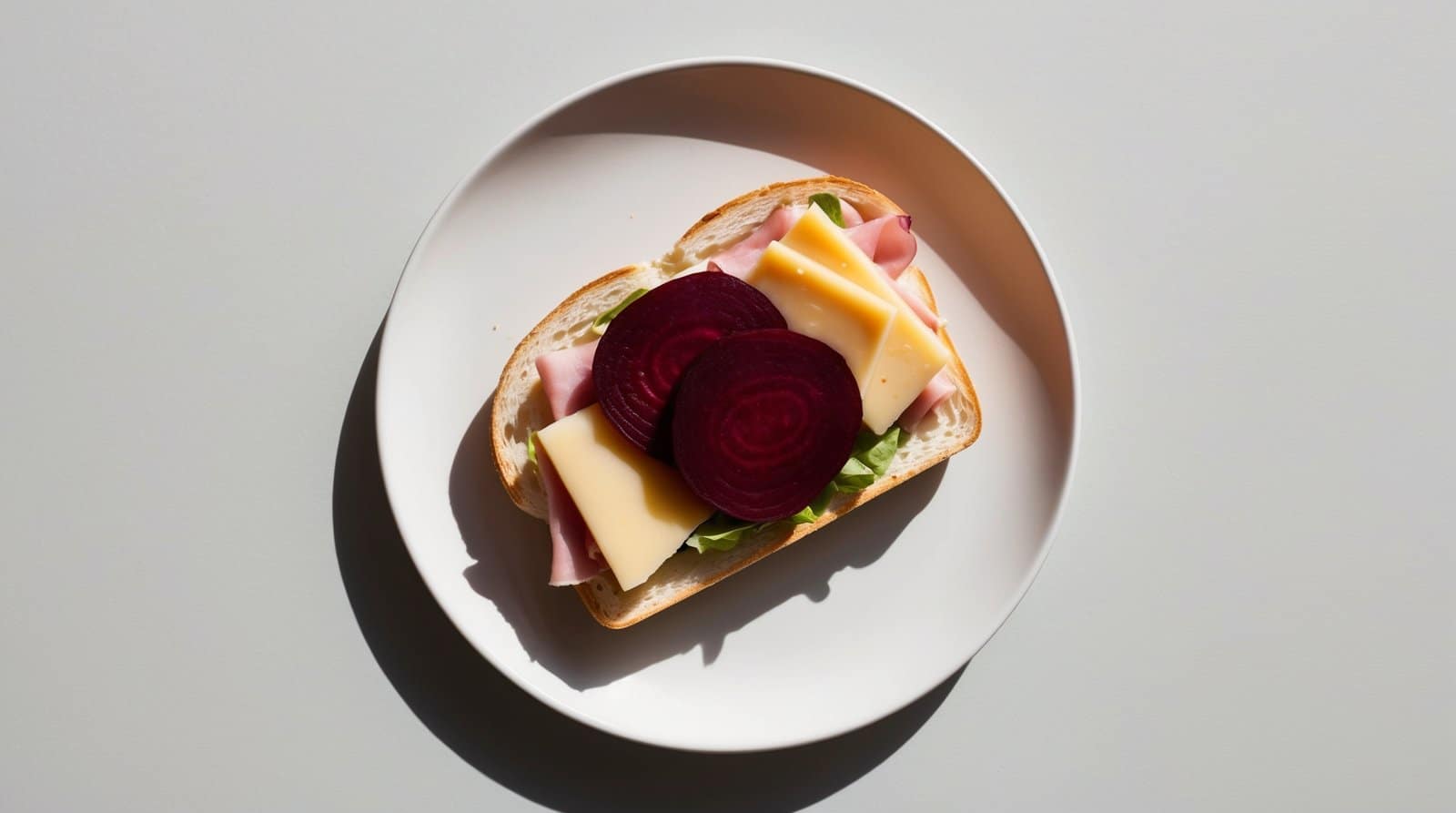 An open-faced sandwich with slices of beetroot, cheese, lettuce, and cold meat on a white plate.