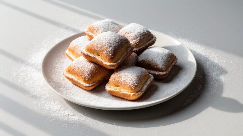 A white plate holds a stack of authentic New Orleans beignets dusted with powdered sugar, illuminated by natural light casting shadows across the surface.