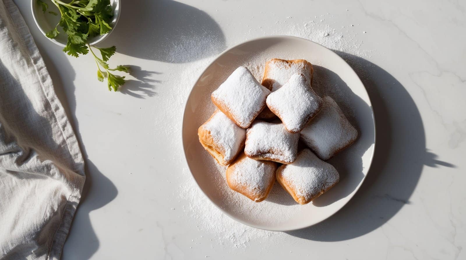 A plate of seven powdered sugar-covered beignets sits on a white surface, with a sprig of parsley and a white cloth napkin nearby, evoking the charm of a classic New Orleans recipe.