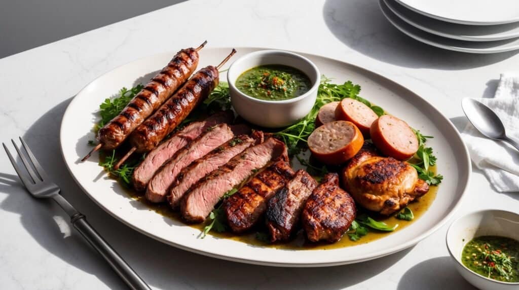A white plate holds an authentic variety of grilled meats including sausages, steak slices, and chicken, garnished with parsley and accompanied by a bowl of chimichurri. A fork and napkin are nearby.