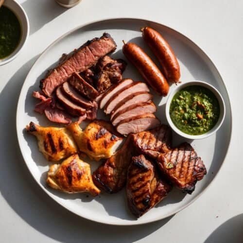 A white plate with assorted grilled meats, including chicken, steak, pork, and sausages, reminiscent of an authentic Brazilian Churrasco, accompanied by bowls of green sauces like chimichurri on a white surface.