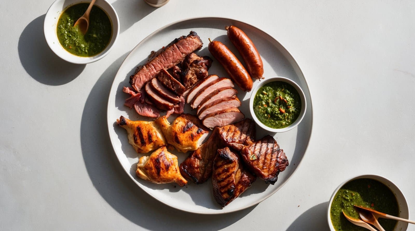 A white plate with assorted grilled meats, including chicken, steak, pork, and sausages, reminiscent of an authentic Brazilian Churrasco, accompanied by bowls of green sauces like chimichurri on a white surface.