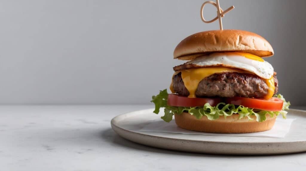 A breakfast burger featuring a beef patty, fried egg, melted cheese, bacon, and fresh veggies like lettuce and tomato slices, all held together with a skewer on a white plate.