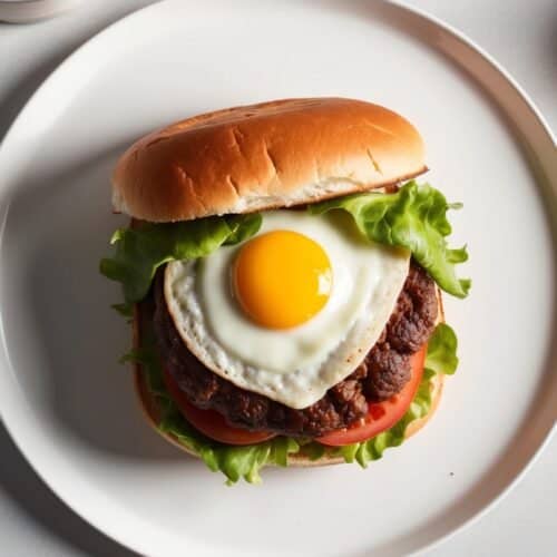 Indulge in a delicious Breakfast Burger: a hamburger on a white plate with a fried egg majestically perched atop the patty, complemented by crisp lettuce and juicy tomato slices, all served with a fresh bun.