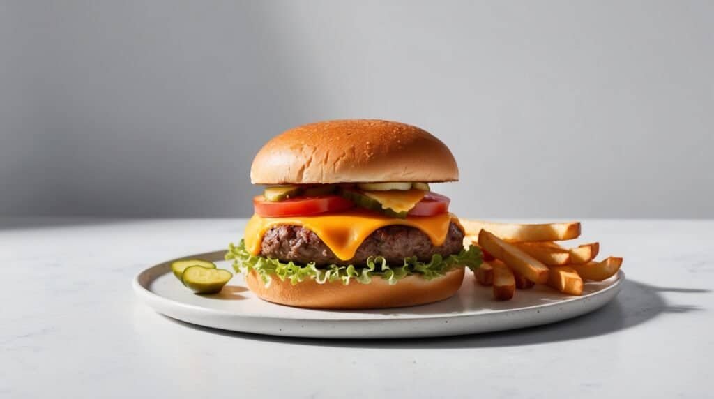 A classic burger with lettuce, tomato, pickles, and a side of fries on a white plate.