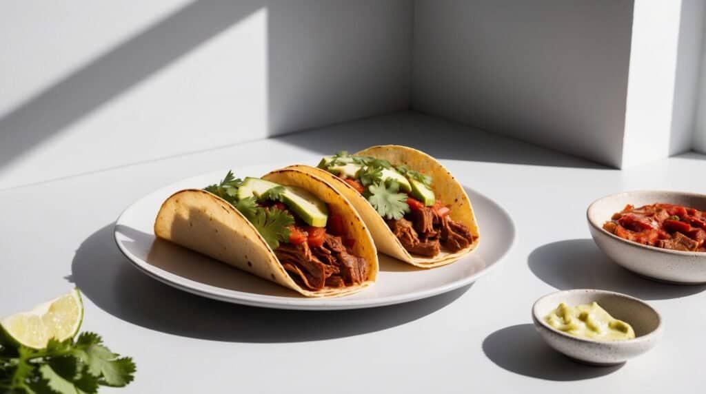 Two authentic beef tacos with cilantro, diced tomatoes, and cucumber slices on a white plate, placed on a white table with side dishes of sauce and lime wedges nearby.