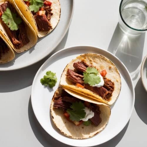 Two plates of authentic carne asada tacos with cilantro and sour cream, a bowl of lime wedges, and a glass of water on a white surface.