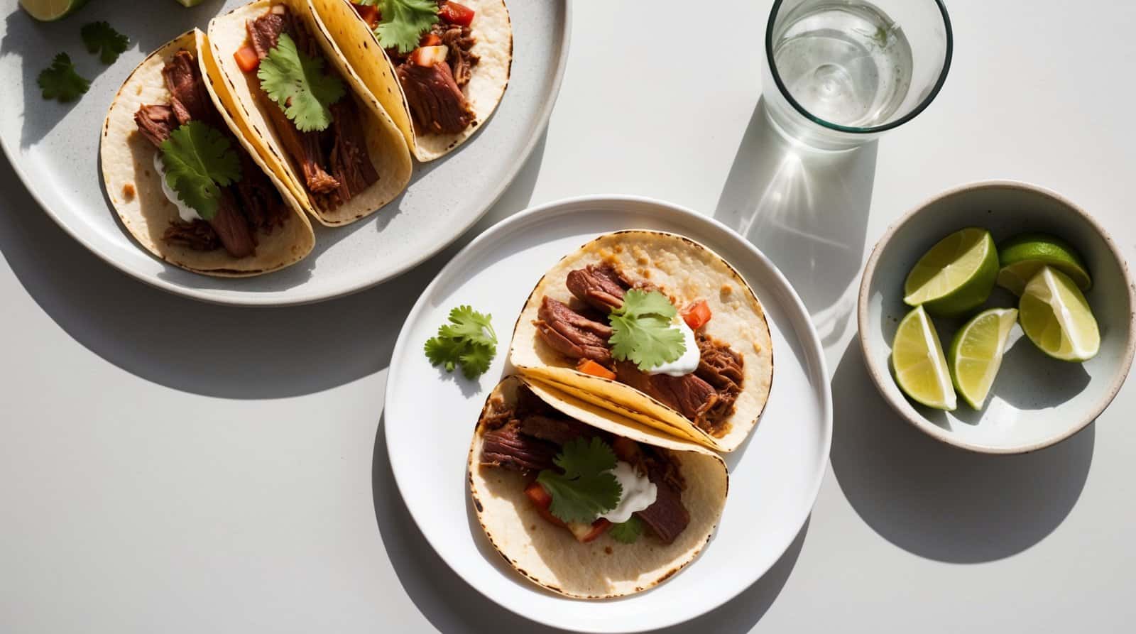 Two plates of authentic carne asada tacos with cilantro and sour cream, a bowl of lime wedges, and a glass of water on a white surface.