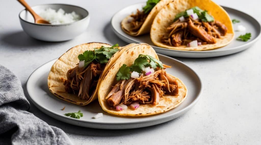 Two plates of street tacos with shredded carnitas, cilantro, and chopped onions on tortillas. A small bowl of rice and a wooden spoon are in the background on a gray surface. This recipe brings authentic flavors to your table.