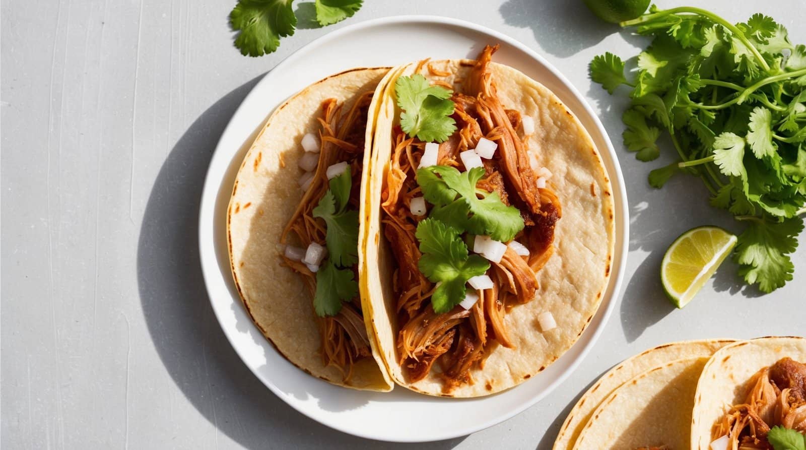 Two carnitas street tacos filled with shredded meat, diced onions, and cilantro on a white plate, garnished with extra cilantro and a lime wedge on the side.