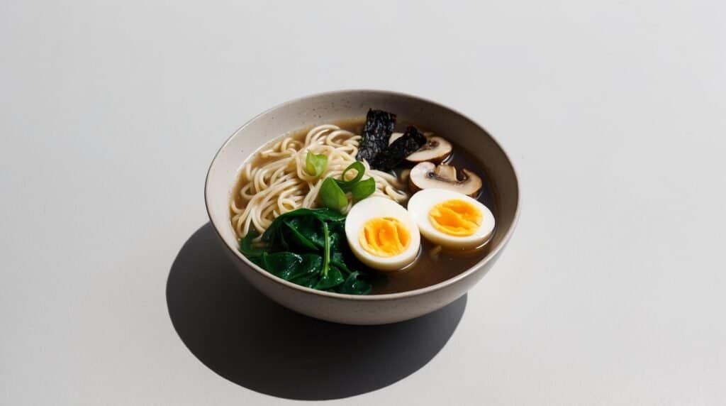A comforting bowl of ramen with boiled eggs, spinach, mushrooms, seaweed, and green onions on top, all in a light-colored broth. This ramen recipe promises a delightful dining experience with every chewy bite.