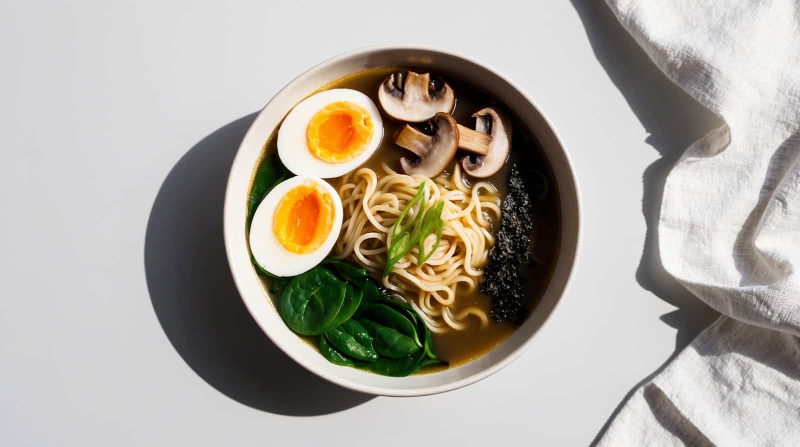 A bowl of comforting ramen with chewy noodles, rich broth, soft-boiled eggs, mushrooms, green onions, spinach, and seaweed on a white surface beside a cloth napkin.