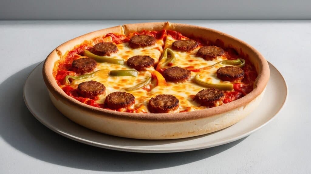 A Chicago-Style Deep-Dish Pizza with a thick crust, topped with melted cheese, sliced sausage, and green bell pepper slices, served on a white plate.