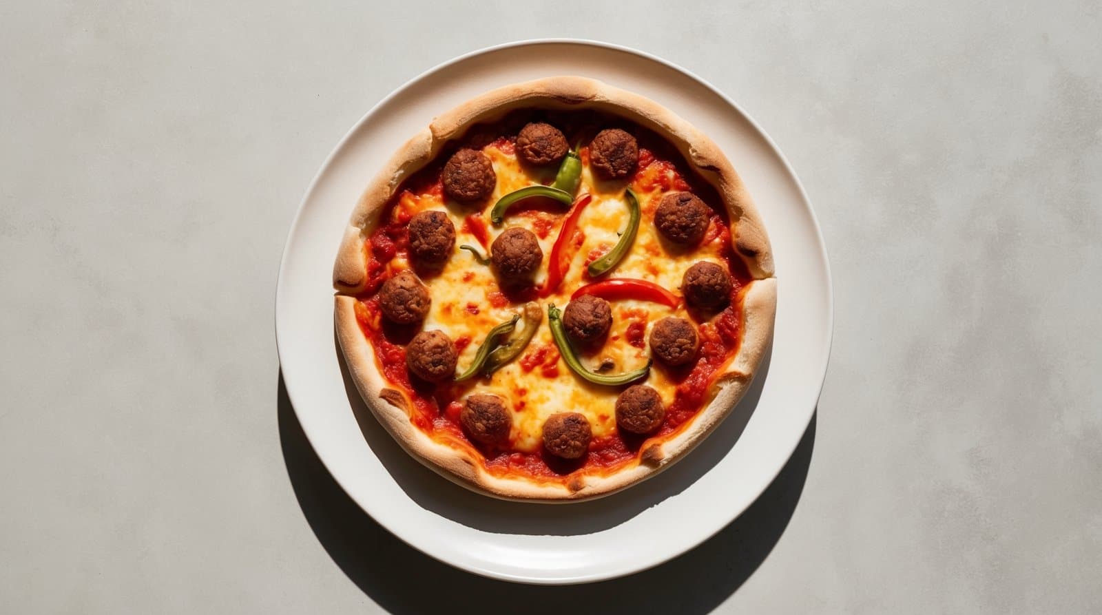 A Chicago-Style Deep-Dish Pizza topped with meatballs, green bell peppers, and melted cheese, placed on a white plate against a light background.