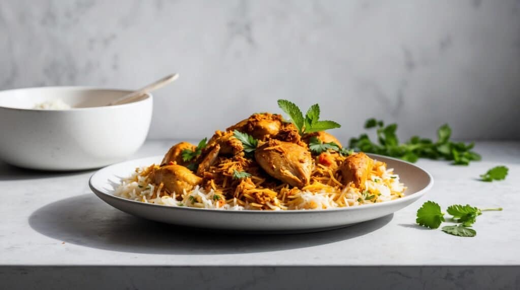A plate of Fragrant Chicken Biryani garnished with fresh herbs, placed on a white surface next to a bowl of rice, perfect for special occasions.