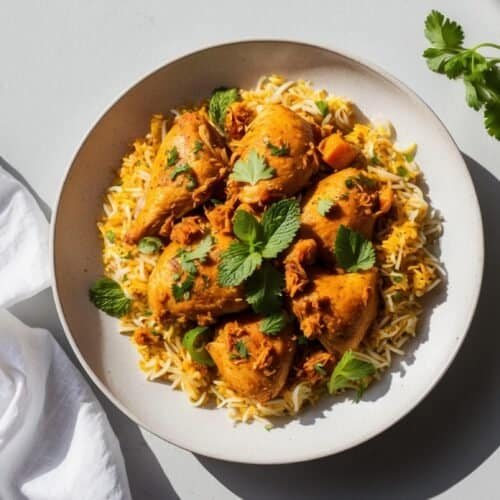 A plate of fragrant Chicken Biryani topped with seasoned, cooked chicken garnished with fresh herbs. A cloth napkin and a small bowl of herbs are beside the plate, perfect for special occasions.