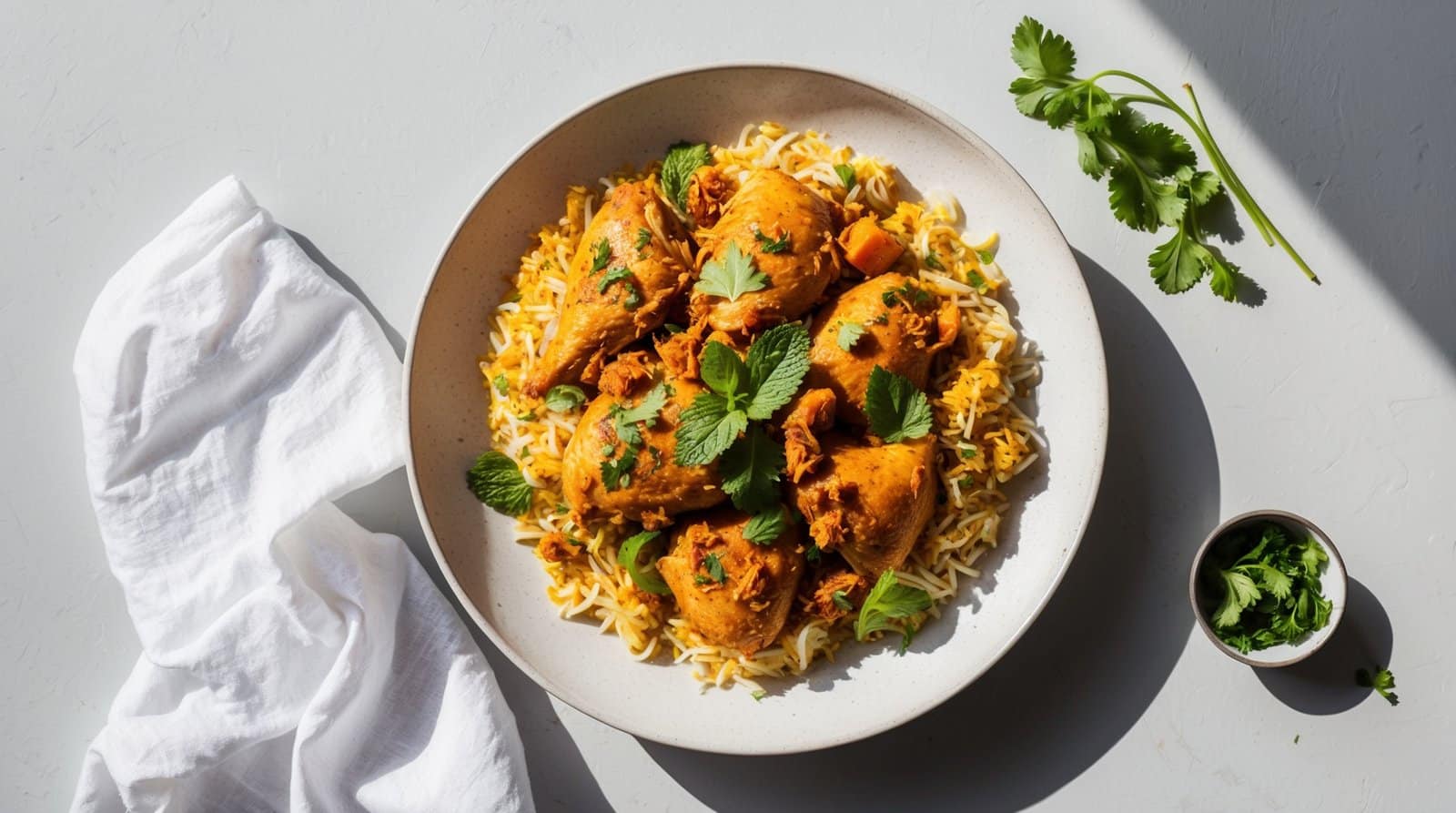A plate of fragrant Chicken Biryani topped with seasoned, cooked chicken garnished with fresh herbs. A cloth napkin and a small bowl of herbs are beside the plate, perfect for special occasions.