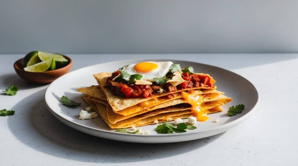 A plate of Mexican chilaquiles features layered tortilla chips topped with cooked tomatoes, a sunny-side-up egg, cheese, and cilantro. A small bowl with lime wedges sits in the background. This recipe brings authentic flavors to your table for an unforgettable meal.