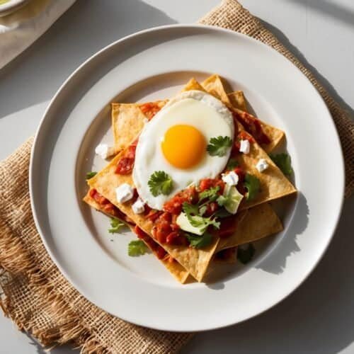 A delightful Mexican recipe: a plate of chilaquiles topped with a sunny-side-up egg, garnished with cilantro, served on a white plate over a burlap mat.