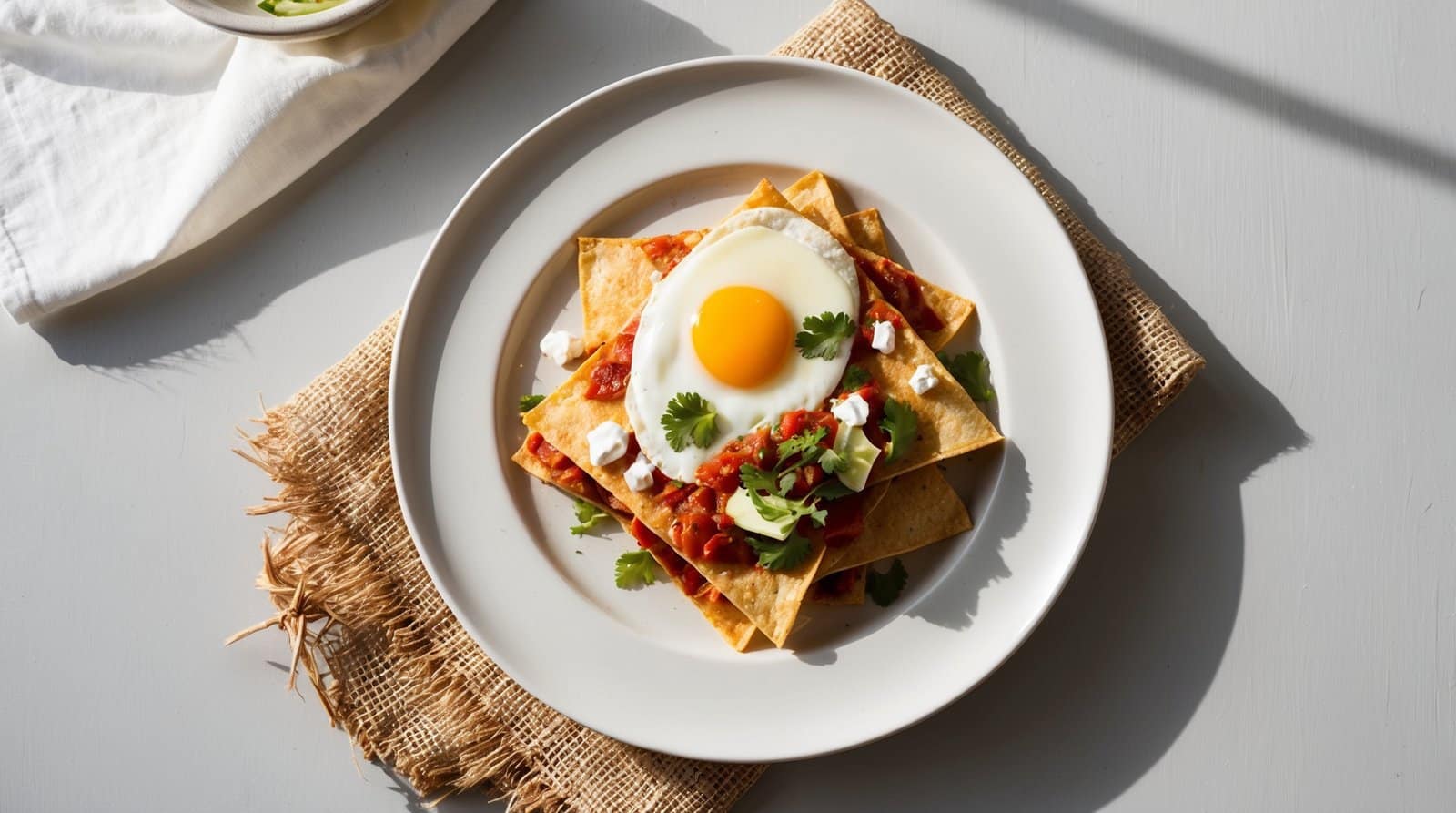 A delightful Mexican recipe: a plate of chilaquiles topped with a sunny-side-up egg, garnished with cilantro, served on a white plate over a burlap mat.