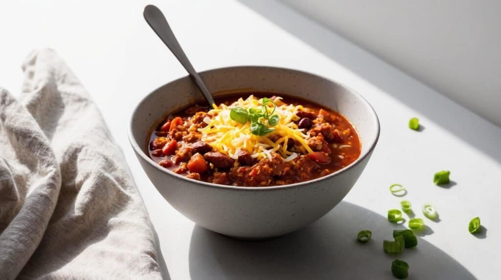 A bowl of hearty chili topped with shredded cheese and chopped green onions, with a spoon in the bowl, placed on a white surface next to a light-colored cloth.