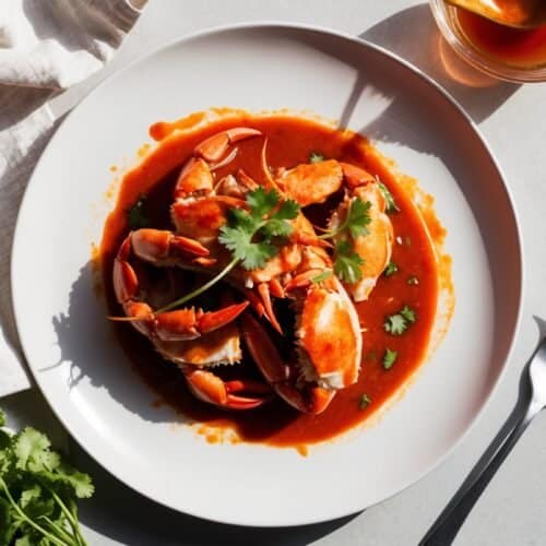 A plate of Singaporean Chili Crab with a red sauce garnished with cilantro, served on a white plate with a white cloth napkin, a fork, and a glass of iced tea.