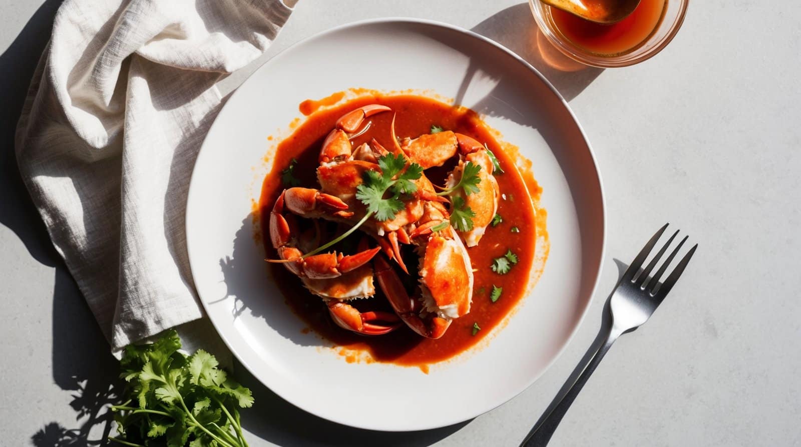A plate of Singaporean Chili Crab with a red sauce garnished with cilantro, served on a white plate with a white cloth napkin, a fork, and a glass of iced tea.