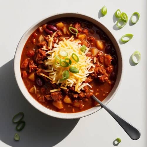 A bowl of hearty chili topped with shredded cheese and chopped green onions, with a spoon next to it. Scattered green onion slices surround the bowl, casting shadows on a white surface.