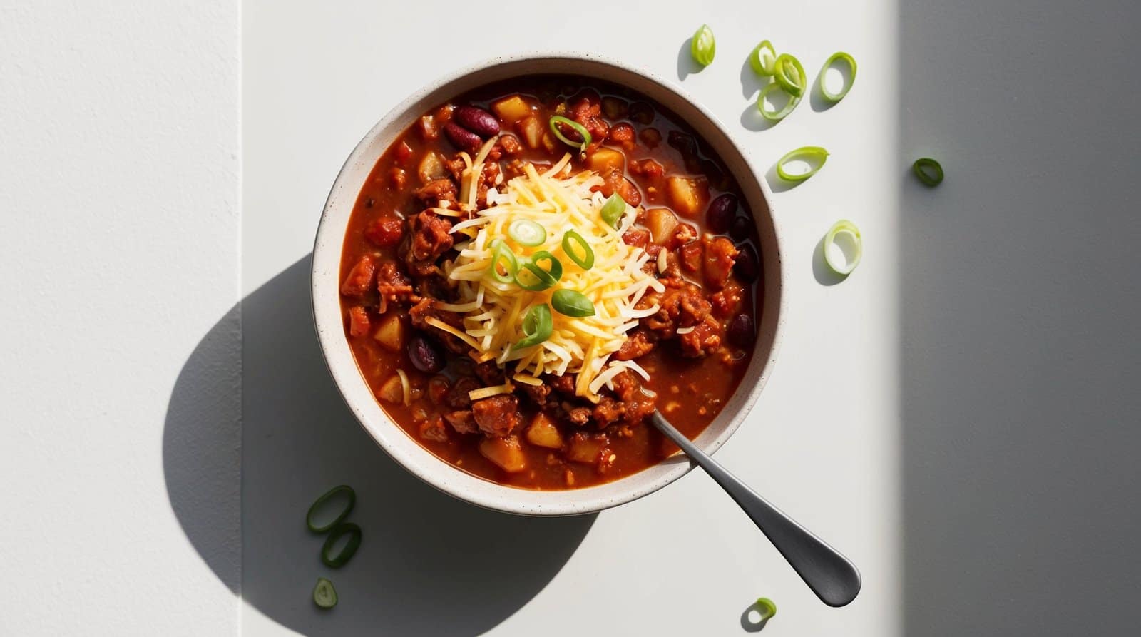 A bowl of hearty chili topped with shredded cheese and chopped green onions, with a spoon next to it. Scattered green onion slices surround the bowl, casting shadows on a white surface.