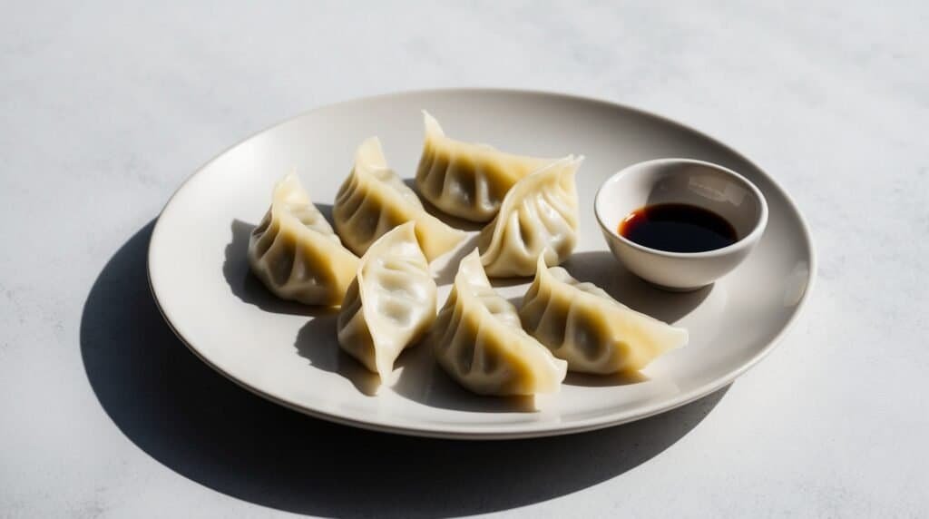 A white plate with six homemade Chinese pork dumplings arranged in a semi-circle, accompanied by a small white bowl of soy sauce.