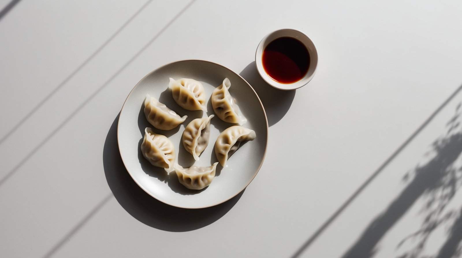 A white plate with eight homemade Chinese pork dumplings, each boasting a savory filling, is placed next to a small bowl of soy sauce on a white table. Shadows cast on the table.