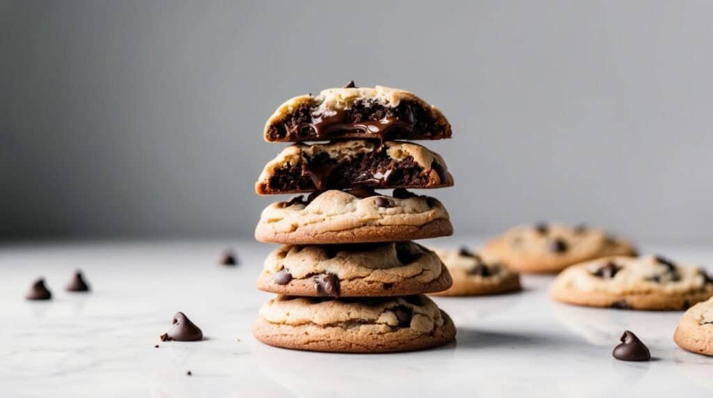 A stack of four classic chocolate chip cookies is centered in the image; the top cookie is broken in half, revealing a gooey chocolate center. More homemade cookies and chocolate chips are scattered in the background.