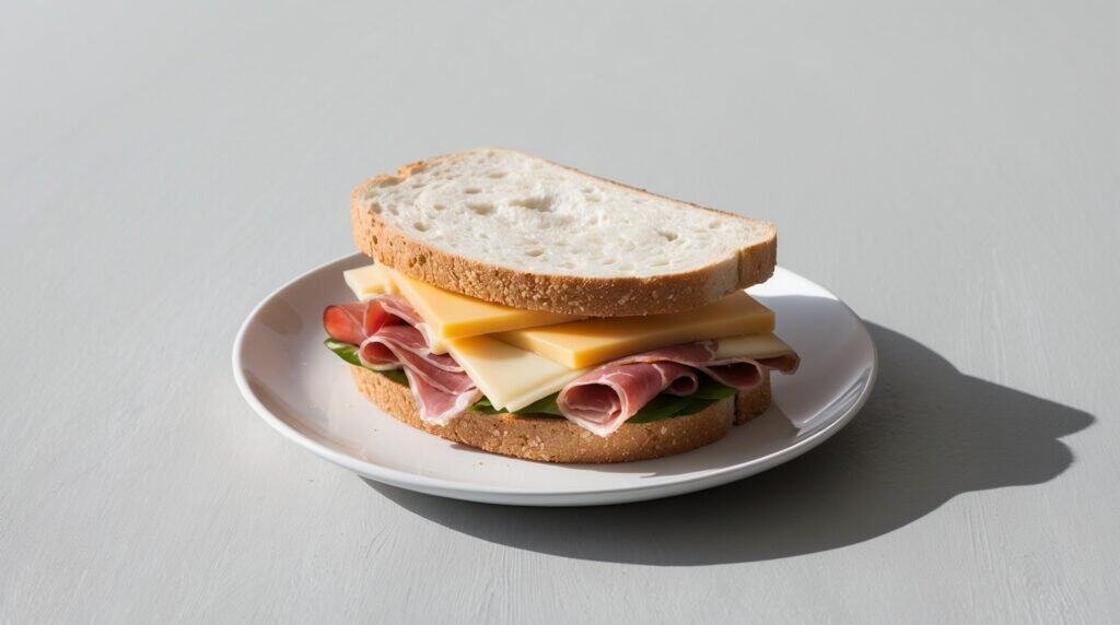 A cheese sandwich featuring ham, cheese, and lettuce between two slices of white bread, served on a white plate.