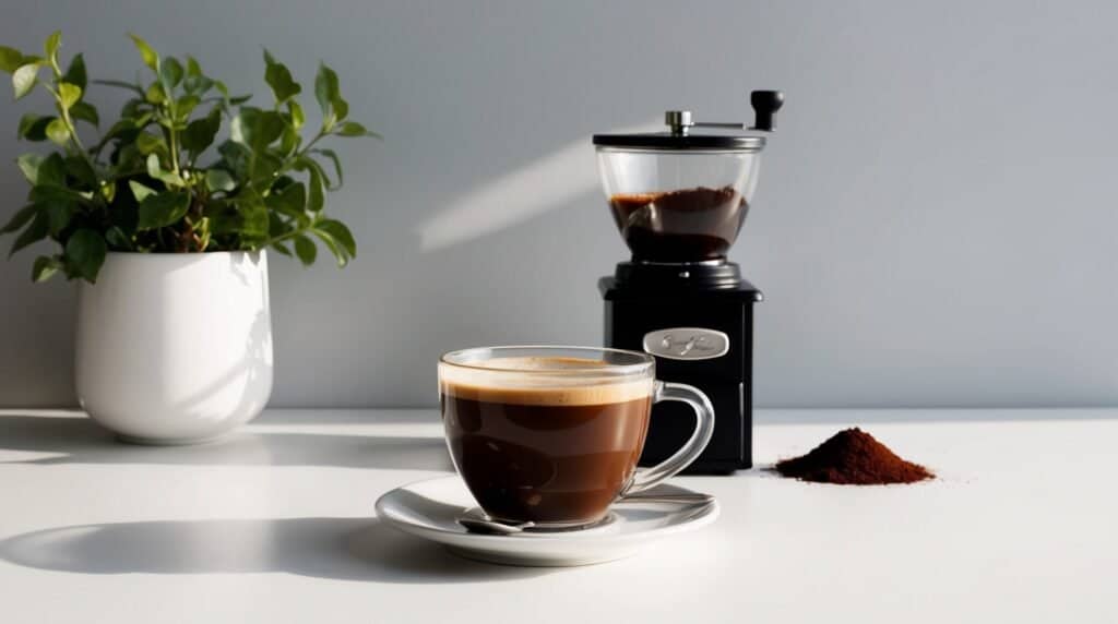 A cup of Colombian coffee sits on a saucer on a white surface, with a manual coffee grinder and a small pile of ground coffee beside it. A potted plant is placed in the background, ready to kickstart your day with authentic flavor.