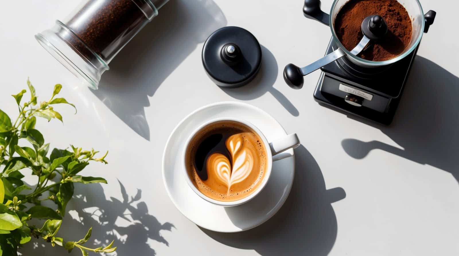 A cup of Colombian coffee with latte art sits on a white surface, next to a hand coffee grinder and a jar of ground coffee. A green plant is partially visible on the left, promising an authentic coffee experience to kickstart your day.