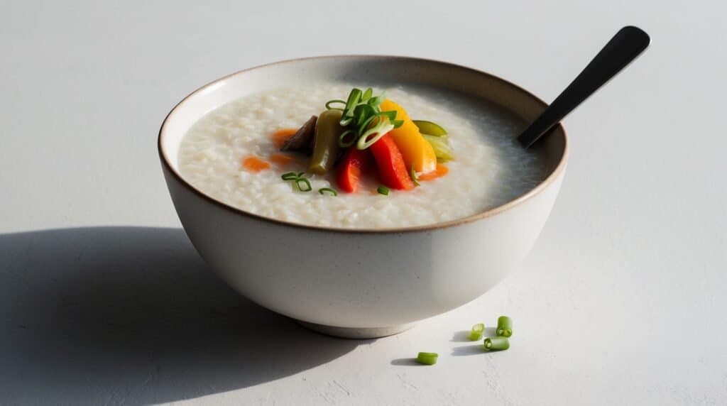 A bowl of comforting congee topped with sliced vegetables and chopped green onions, accompanied by a spoon, rests on a light-colored surface.
