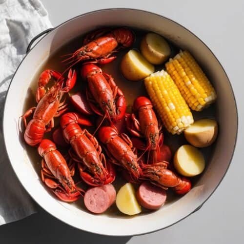 A pot of freshly boiled crawfish, sausage slices, corn on the cob, and potato halves on a gray surface with a white cloth beside it—perfect for a traditional Southern Crawfish Boil.