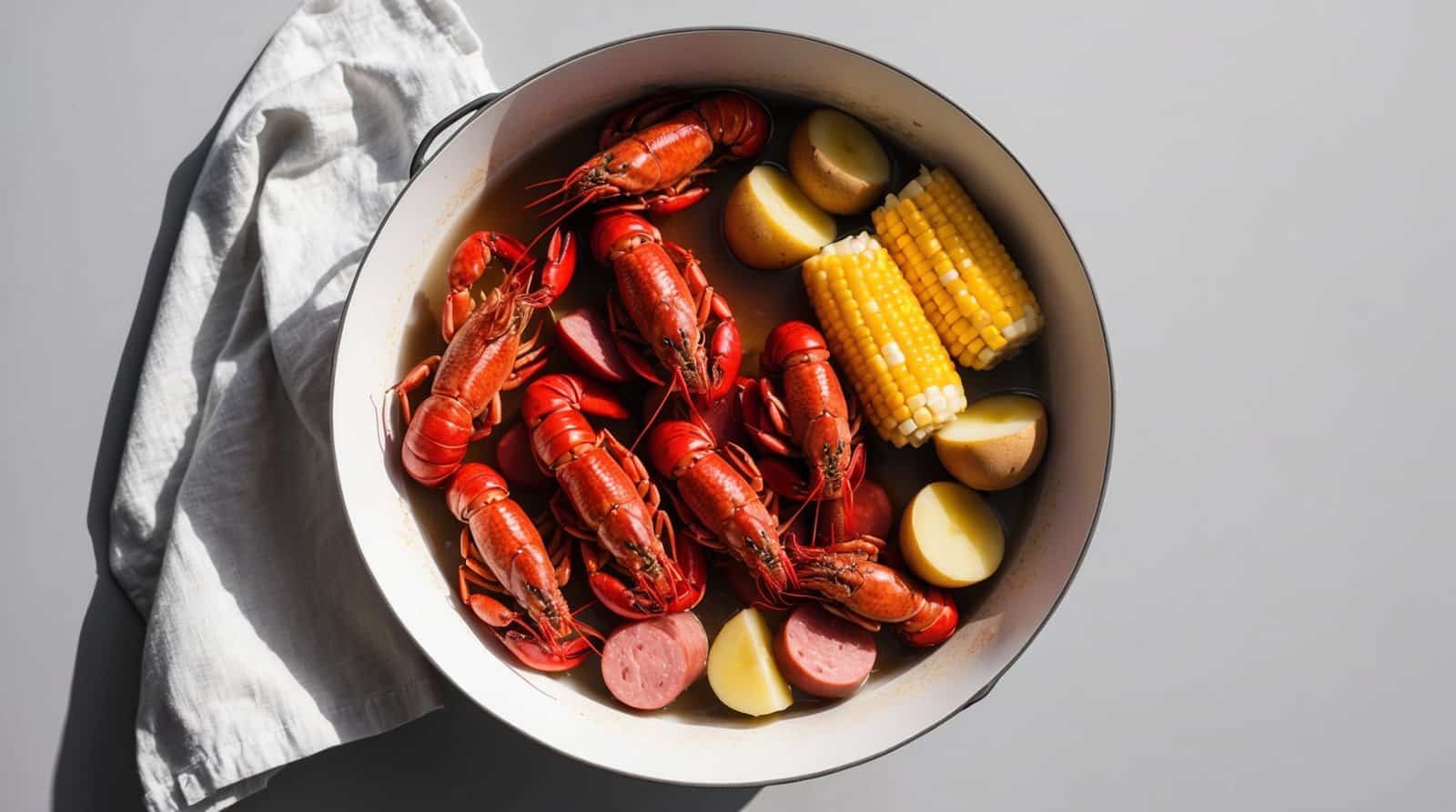 A pot of freshly boiled crawfish, sausage slices, corn on the cob, and potato halves on a gray surface with a white cloth beside it—perfect for a traditional Southern Crawfish Boil.