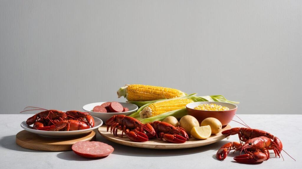 An authentic New Orleans spread featuring a delightful array: cooked lobsters, corn on the cob, potatoes, sausage slices, and lemon wedges. The table also boasts a bowl of corn kernels. This recipe mirrors the traditional style of a classic Crawfish Boil, all beautifully arranged on a white surface.