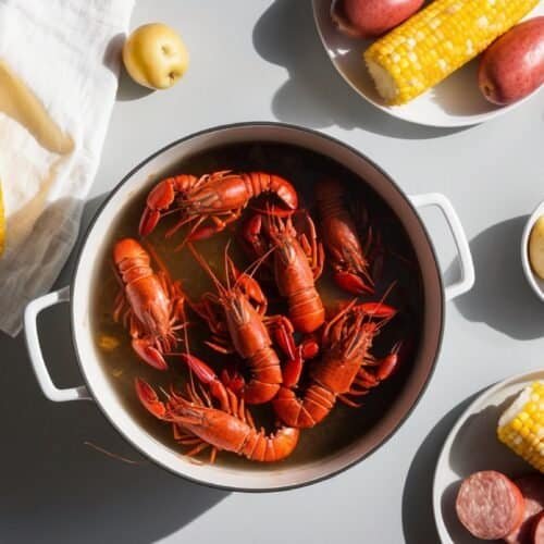 A pot of cooked crawfish is surrounded by corn on the cob, red potatoes, sausage, and peeled potatoes, creating an authentic New Orleans Crawfish Boil arranged on a table.