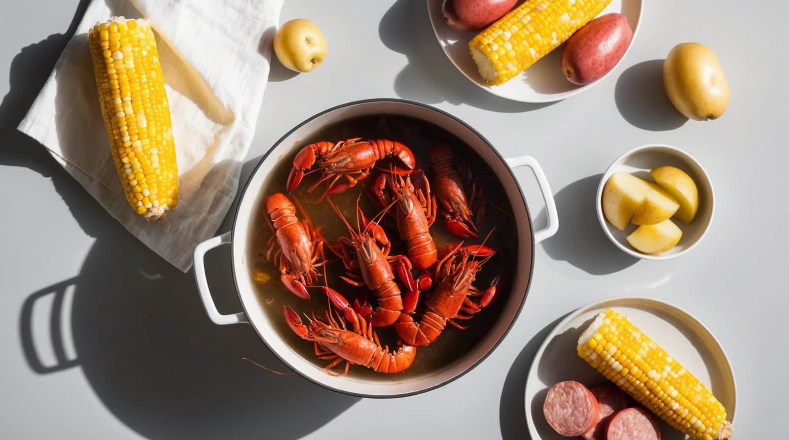 A pot of cooked crawfish is surrounded by corn on the cob, red potatoes, sausage, and peeled potatoes, creating an authentic New Orleans Crawfish Boil arranged on a table.