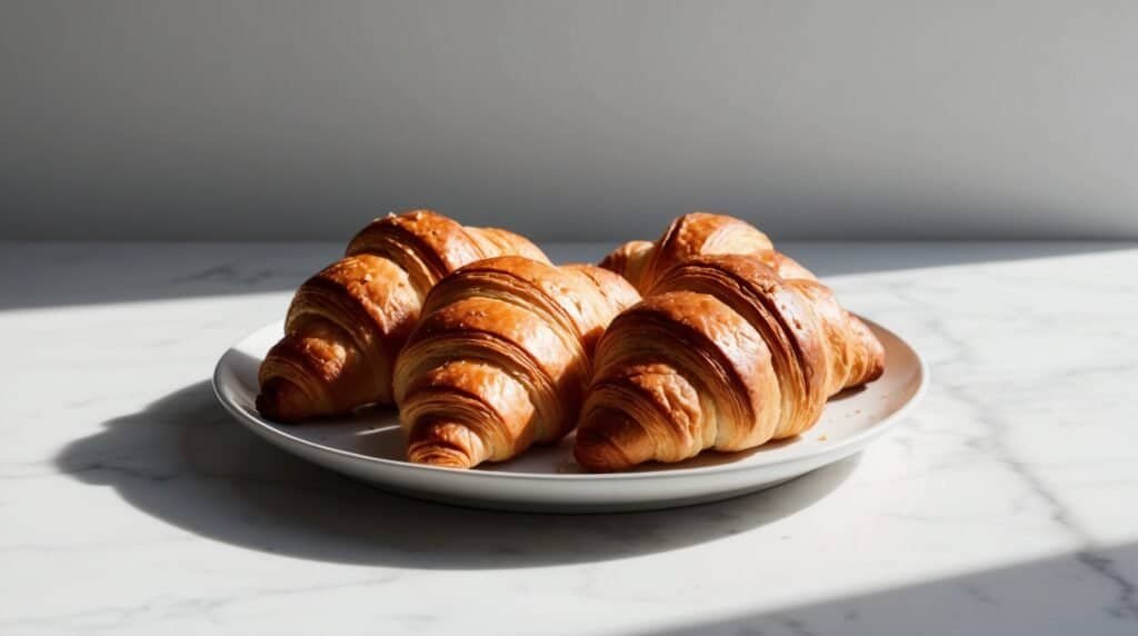 A white plate holding six golden-brown croissants, made from a flaky croissants recipe, sits on a marbled surface under natural light.