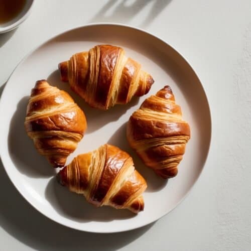 A white plate with three homemade croissants next to a cup of tea on a light gray surface.