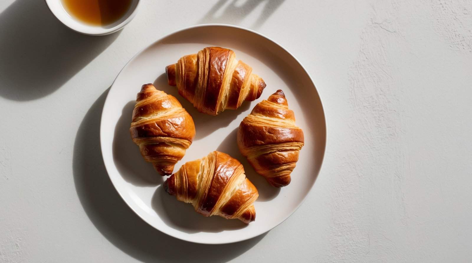 A white plate with three homemade croissants next to a cup of tea on a light gray surface.