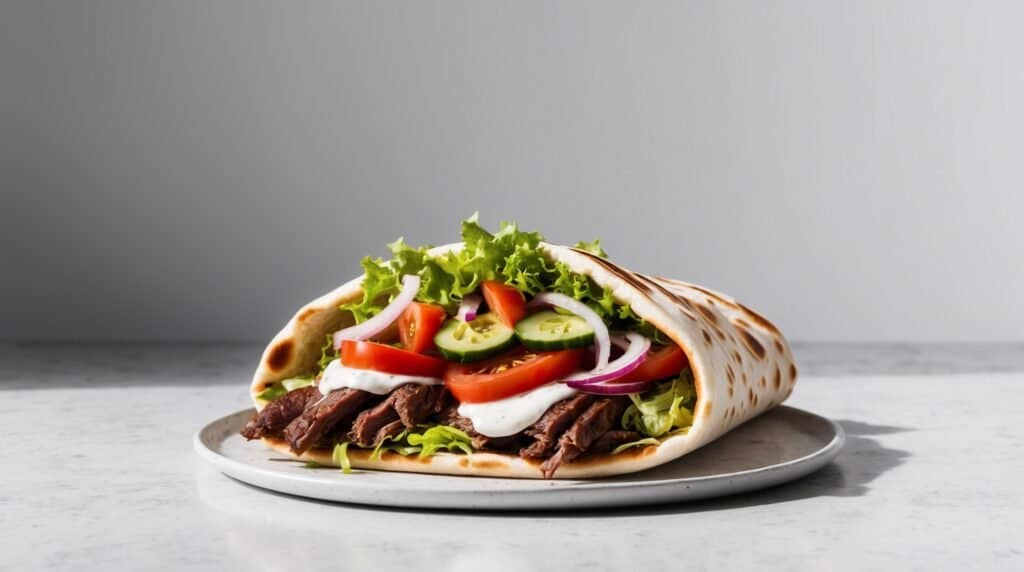 A flavorful gyro with grilled meat, lettuce, tomato, cucumber, red onion, and yogurt-tahini sauce in flatbread on a white plate against a gray background.