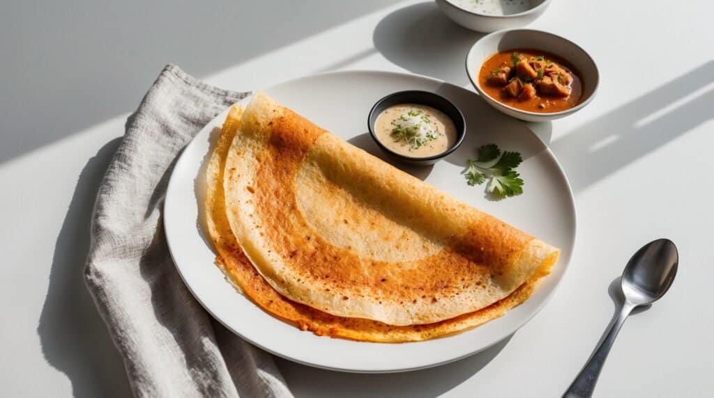 A plate with a South Indian Dosa served with three small bowls containing chutney, sambar, and a white sauce, accompanied by a spoon and a cloth napkin on a white table.