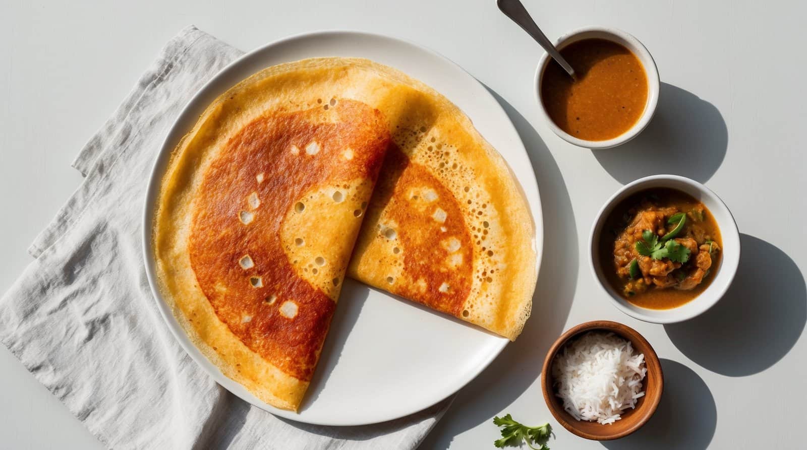 A plate with dosa and two small bowls containing chutney and sambar, accompanied by a small bowl of rice, placed on a white cloth napkin on the table; an inviting South Indian meal.
