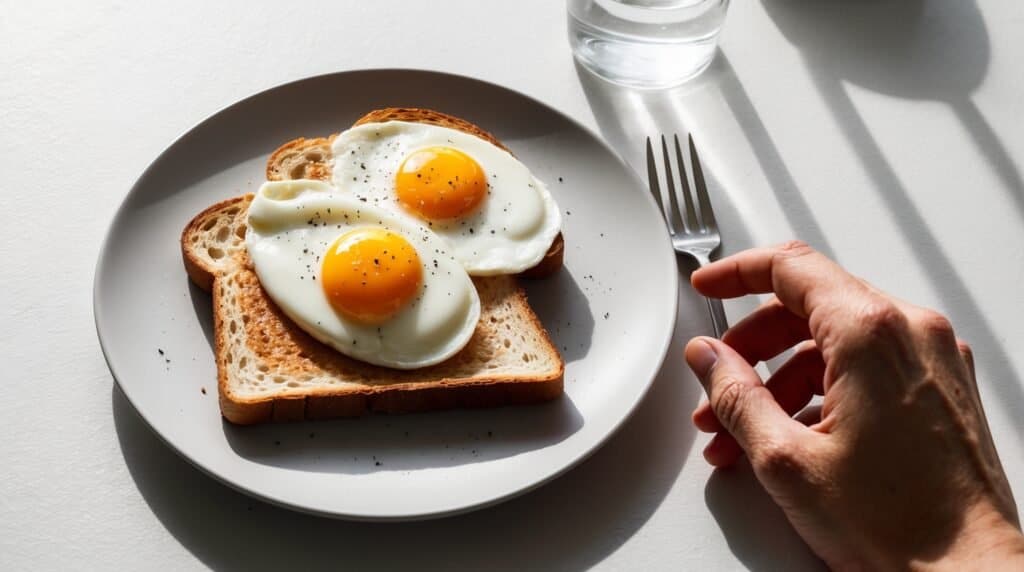 Two sunny-side-up eggs rest on toasted bread on a gray plate beside a glass of water, with a person's hand holding a fork.