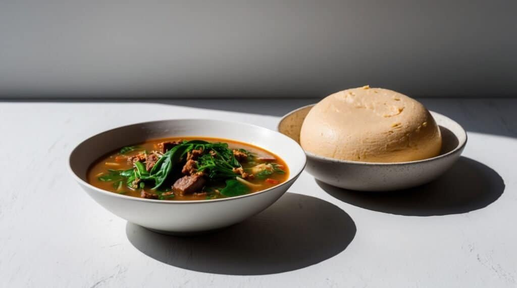 A bowl of Egusi Soup with pieces of meat and leafy greens next to a bowl containing a dome-shaped mound of Pounded Yam on a white surface, showcasing the richness of Nigerian Cuisine.