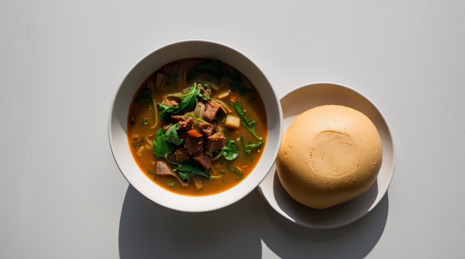A bowl of Egusi soup with meat, vegetables, and herbs next to a round serving of pounded yam on a white plate highlights the deliciously rich flavors of Nigerian cuisine.